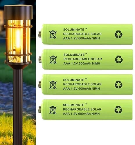 Soluminate Rechargeable AAA Solar Light Batteries (600mAh) for Outdoor Garden Solar Lights, Pathway Light, Lawn Lights, Patio and Decking Lights and Solar String Lights. 1.2V NiMH Technology (4-Pack)