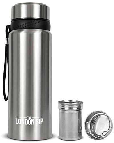 London Sip 25 oz Multi-Function Travel Mug and Tumbler Tea Infuser Water Bottle Fruit Infuser Flask Hot and Cold Double Wall Stainless Steel Coffee Thermos, Cosmic Silver