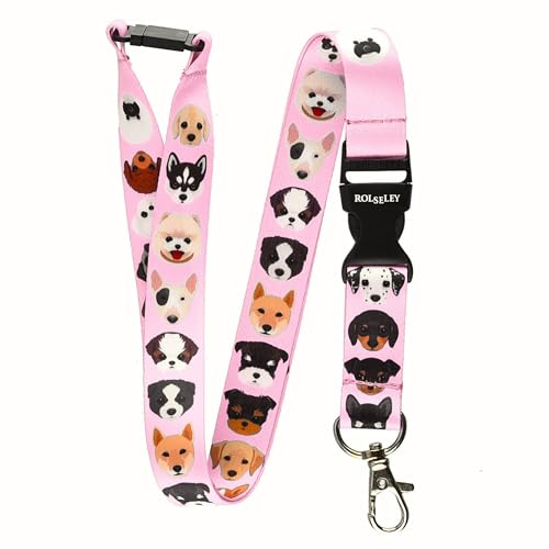 Rolseley Nyckelband, halsband, mönster med 20 rosa hundraser, med klolås i metall och säkerhetsbrytspänne, för ID-kort och passerkort, för daglig användning på kontoret, skolan, evenemang