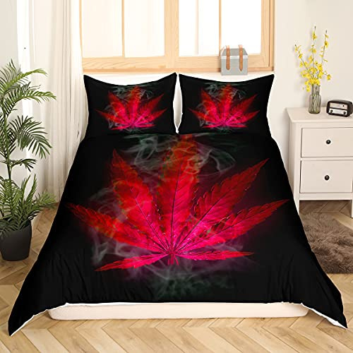 Marihuana Gras Trösterbezug Rote Cannabisblätter Bedrucktes Bettwäscheset für Erwachsene Frauen Teenager Marihuana Gras Leaf Bettbezug Exotische Blätter Tagesdecke Boho Trippy Hippie Bettbezug,155X220