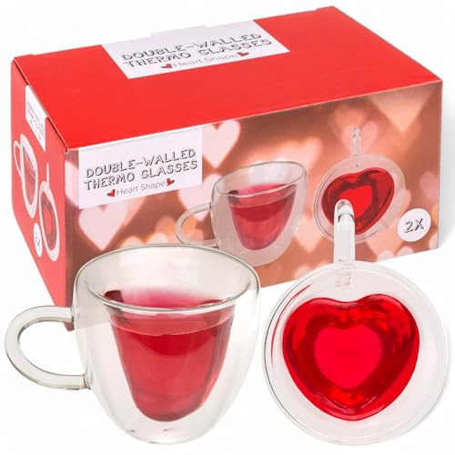 MIJOMA Bicchieri termici a doppia parete a forma di cuore, set di 2 bicchieri da tè in vetro borosilicato, cuori sospesi, bicchieri isolati per latte macchiato, cappuccino, tè e caffè (circa 9 x 8,3