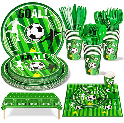 Nkaiso 141 Stück Fussball Partygeschirr Kindergeburtstag -20 Gäste | Fussball Deko Geburtstag Party Set mit Pappteller Becher Servietten Geschirr für Geburtstag Junge Mottoparty