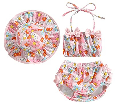 Geagodelia Costume da Bagno per Neonata con Volant Fenicottero Stampato Bretella Fiocco con Capestro Costumi Mare Bimba con Cappello Set di Vestiti Estivi (B Fiori, 0-6 Mesi)