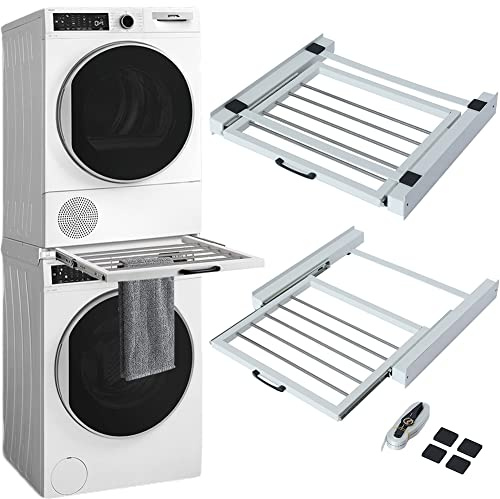 Anschluss-Set für Waschmaschine und Trockner, universal, platzsparend, mit abnehmbarem Wäscheständer, Sicherheitsgurt und Anti-Rutsch-Aufkleber, Rahmen zum Stapeln