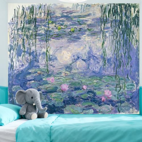 Monet Wandteppich für Schlafzimmer, Wasserlilien, Blumen, Ästhetik, große Kunst, Raumdekoration, Wandbehang, blaue Poster, Hintergrund für Wohnheim, Wohnzimmer (130 x 152 cm)