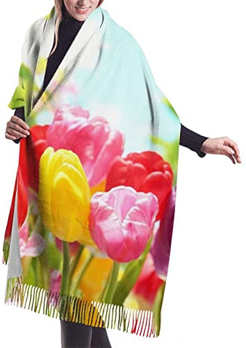 408 Damen Halstuch Bunte Tulpen Winterschal Kuschelige Deckenschal Mit Fransen Herren Halstuch Für Frauen Geschenk Freizeit 72X197Cm