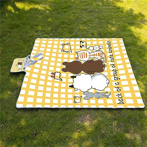 Picknickdecke 180x200cm,XXL Picknickdecke mit Wasserdichter Unterseite,Outdoor Stranddecke Sandfrei,mit Tragegriff Faltbare Picnic Blanket für Camping,Strand,Park,Familie,Konzerte Gelb karierte Tiere