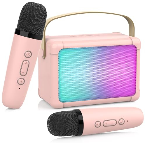 ERAY Karaoke Maschine für Kinder mit 2 Drahtlosen Mikrofonen - Bluetooth, Stimm-Effekten & LED-Lichtern, Tragbares Mikrofon 3-18 Jahre, Stimmenverzerrer und portabler Design