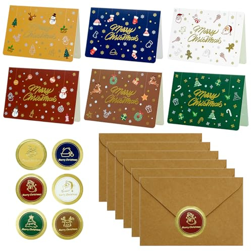 Leikedun Biglietto Auguri Natale con Buste, 6 Set Cartoline Di Natale, Biglietti di Buon Natale con Buste e Adesivi per Auguri di Natale per Amici, Famiglia, Amici e Affari