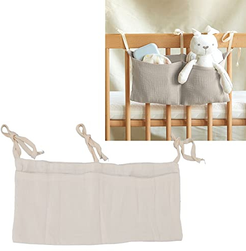 Baby Kinderbett Betttasche Wickel Spielzeugtasche Hängetasche Babybett Organizer Hängend Zur Aufbewahrung von Babybetten mit 2 Taschen Verstellbarem Riemen für Spielzeug aus Waschbarem (Beige)