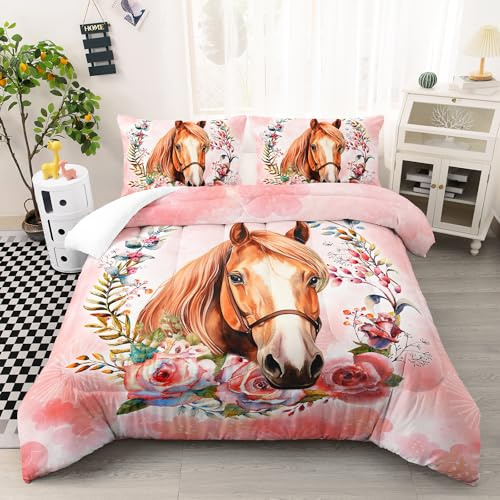 AILONEN Beautiful Horse Comforter Set Twin Size, Horse with Floral Hoop Bedding Set for Kids Girls,Kawaii Animal Duvet Set,Pink Theme Bed in a Bag,Soft Microfiber,1 Quilt and 2 Pillowcases