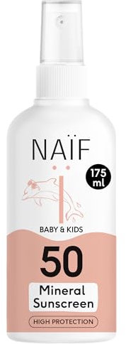 Naïf Crema solare minerale Spray - per Neonati e Bambini - Protezione elevata - Resistente all'acqua - Vegano - SPF50-175ml