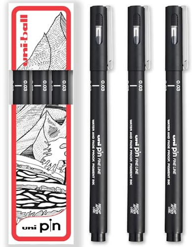 uni-ball PIN Fineliners | Black Fine Tipped Writing Pens | Water & Fade Resistant Ink | Ideal for Sketching, Scrapbooking, Outlining, Art, Technical Drawing | In Gift Box (Pack of 3, 0.03mm)