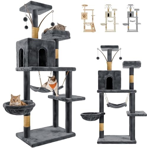 JUPPLIES Árbol Rascador para Gatos 143 cm – Torre de Juegos y Descanso con 5 Plataformas, 3 Nidos, 1 Cueva y Hamaca – Poste de Sisal y Base Estable 60×40 cm – Ideal para Hogares (Gris Oscuro)