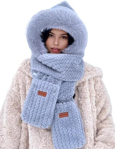 Uposao Kapuzenschal 3 in 1 Integrierter Gehörschutz Winddichte Mütze Schal Handschuhe Winddichter Mützenschal Warmer Kunstpelz Kapuzenschal für Frauen