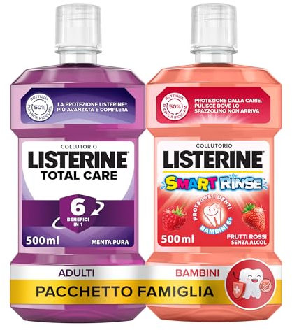 LISTERINE Collutorio Set Famiglia Esclusiva Amazon, Total Care Menta Pura 500 ml e Smart Rinse Kids 500 ml 0% alcol al gusto Frutti Rossi, Kit pulizia denti senza alcool per un'igiene orale completa