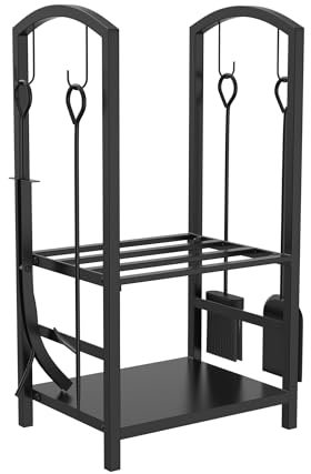 XMTECH Estantería para leña con juego de herramientas, estante de metal para leña interior y exterior, incluye pala, escoba, pinzas y ganchos – para almacenamiento de madera junto a la chimenea H-Form