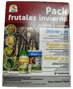 Pack tratamiento de invierno para frutales: Fungicida Ditiver C PM 40g + Insecticida-acaricida Fulmit Oleo 250ml + Insecticida Juvinal 10EC 10ml. Huerta y Jardin. Todo tipo de arboles y plantas.