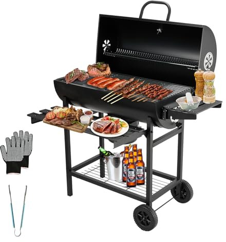 TEENO Carrello per barbecue in legno,Grill XXL a carbone con coperchio, termometro,Cassetto per cenere,Guanti antiscottature, Svento regolabile,Grande barbecue al carbone di legna