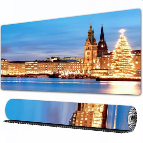 FEHWI Mauspad 90×40 cm Verlängertes großes Mauspad Schreibtischauflage,Hamburg Deutschland Stadt Rathaus mit beleuchtetem Weihnachtsbaum,genähte Kanten Gaming Mauspad,rutschfeste Gummibasis