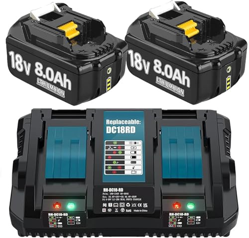 Hohe Kapazität 18V 8.0A/8000mAh Verbesserte 2X Ersatzakku für ma-Kita BL1860B + Dual Port 6A Ladegerät für DC18RD Kompatibel für BL1860B BL1860 BL1850B BL1840BB B1815 BL1830 with LED Werkzeugakku.