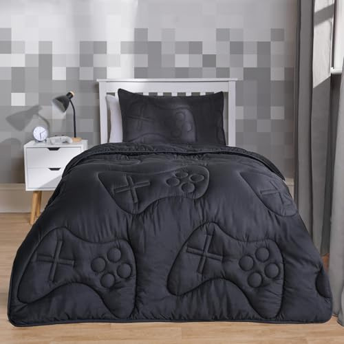 OHS Coverless Duvet Single 7.5 Tog, Soft Warm Microfibre Fabric Gaming Quilted Design Lightweight Comfortable Summer Duvet Washable Single Bed Duvets & Pillowcase, Black