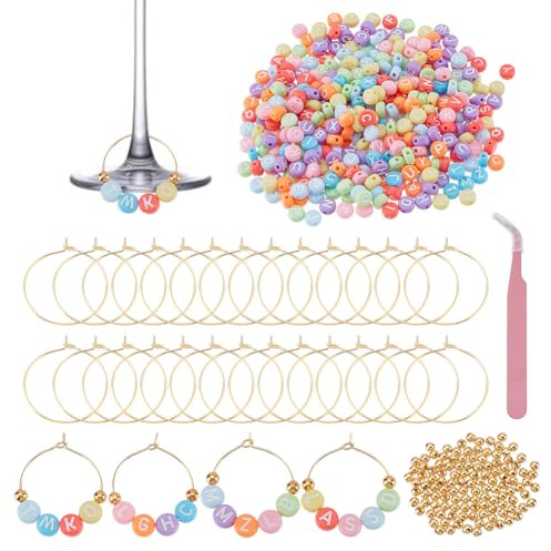HOBBIESAY Personalisierbares Weinglas-Marker Set 56 Stk. Glasanhänger 600 Stk. Farbige Buchstabenperlen 120 Stk. Runde Goldperlen 1 Pinzette Für DIY Partys Hochzeiten Events Zubehör
