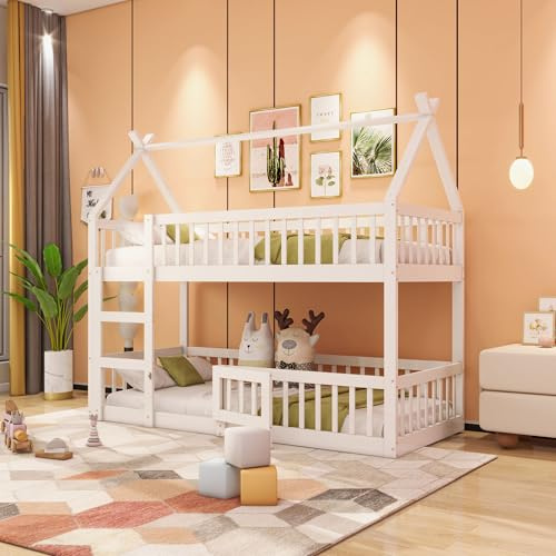 RIAZOS Etagenbett 90x200 cm, Kinderbett Massivholz Einzelbett, Familienbett für 2 Kinder, Hochbett mit Rausfallschutz, Stockbett mit 1 Lattenrost, Jugendbett Spielbett, ohne Matratze, Weiß