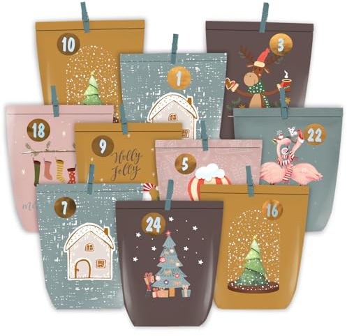 PANSIBY Adventskalender zum Befüllen, 24 Weihnachtskalender Papiertüten zum Selber Basteln, Papier Adventstüten Bastelset mit Zahlenaufkleber