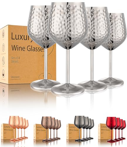 UNISWEET Weingläser aus Edelstahl, unzerbrechlich, Hammerspitze, elegantes, einzigartiges Metall-Weinglas für Outdoor, Reisen, Camping, Pool, Geschenk für Weinliebhaber, 530 ml, 4 Stück (Silber)