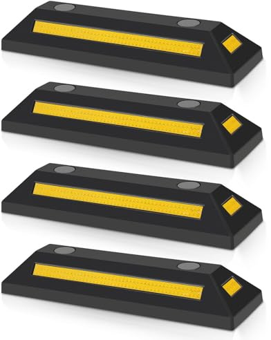Peviasot Radstopper, Parkplatzsperren, Parkbegrenzung, Einparkhilfe Garage, 4 Stück Gummi Parkplatzbegrenzer, Gelb Reflektierende Streifen, Arkplatzmarkierung Anfahrschutz, für Garage und Parkplätze