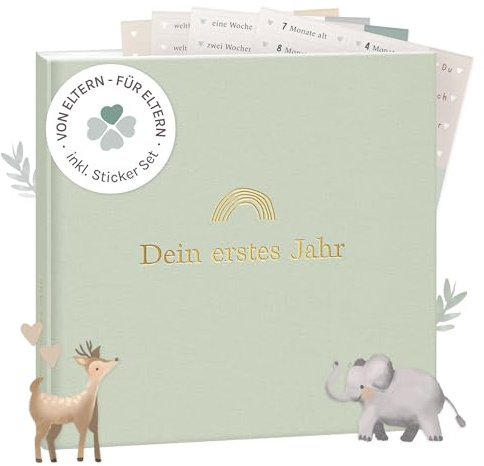 mintkind® Mein erstes Jahr Babyalbum Salbei Leinen – natürliches Babytagebuch mit 176 Seiten und Sticker-Set für warme Erinnerungen im ersten Lebensjahr, hochwertiges Hardcover 21 x 21 cm