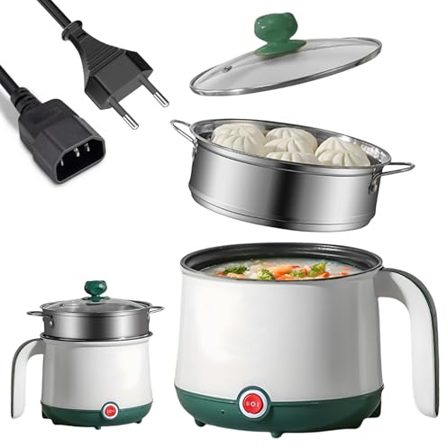 Mini Cuiseur Antiadhésif, 1.8 L Cocotte Électrique, Marmite Portable, Mini Cuiseur Portable Pour Steak, Pâtes, Œufs, Avoine, Ramen, Avec Cuiseur Vapeur Vert(Blanc + Vert)