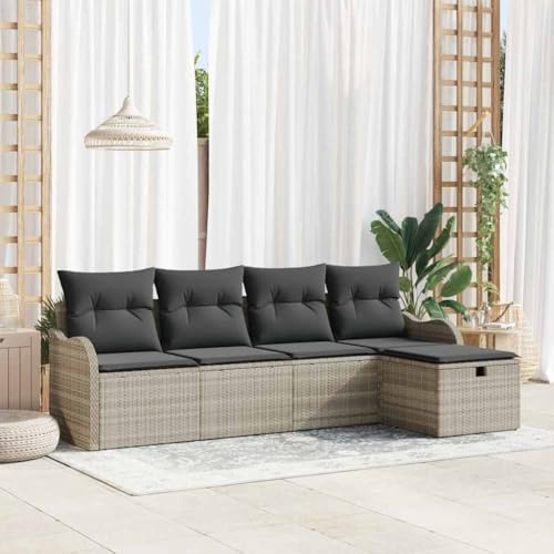 Teenpull Garten-Sofa-Set mit Kissen, 5-teilig, Hellgrau Poly Rattan, Modulares Outdoor Loungesofa für Terrasse, Balkon und Garten, Langlebig