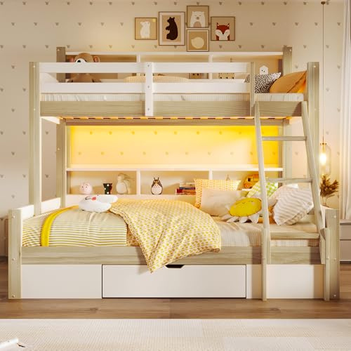 Soweiz Letto a castello, 90 x 200 cm+140 x 200 cm, scaletta per letto, più armadietti aperti, posizione conduttore opzionale, 1 cassetto, striscia luminosa a LED, senza materasso (bianco + naturale)