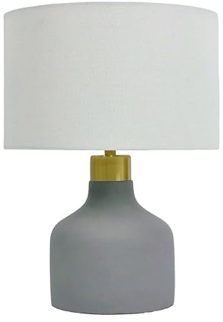Relaxdays Tischlampe, Betonfuß, Stoffschirm, E27, HxD: 35 x 25 cm, Nachttischlampe mit Kabel, Schlafzimmer, grau/weiß