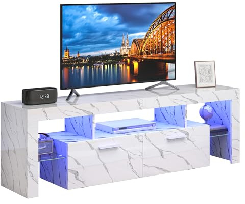 Hyaapwod TV Schrank Hochglanz, Lowboard Weiß, mit LED-Beleuchtung, Fernsehschrank für Fernseher bis zu 70 Zoll, mit Zwei Großen Schränken, 160 x 35 x 45 cm, Marmor Weiß