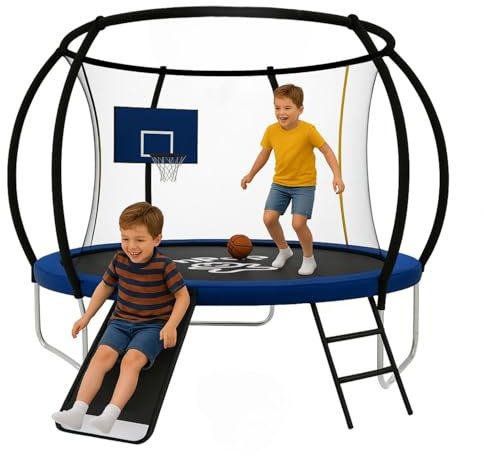 JumPop® Trampolines para Niños en 183/244/305cm con Tobogán de Regalo + Canasta y Pelota de Basket | Camas Elásticas para Niños Exteriores con Vídeo QR incluído de Montaje (244 x 244cm.)