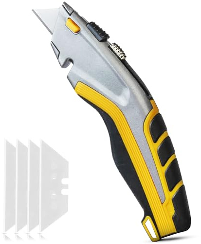 Profi Cuttermesser mit integriertem Kabelschneider inkl. 4 Ersatzklingen – Einhandmesser, Sicherheitsmesser & vielseitiges Arbeitsmesser als Kartonschneider und Allzweckmesser für präzise Schnitte