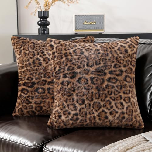 Ystyle Léopard Housse de Coussin 45x45 Lot de 2, Housse Coussin Canapé en Fausse Fourrure Léopard et Velours Doux, Taie d'oreiller Décorative Rétro pour Chambre et Canapé, Beige Marron