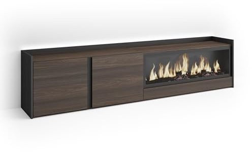 Skraut Home | Mueble TV | Muebles de salón, almacenaje | 212x50x35 cm | para televisión hasta 80 | Chimenea eléctrica XXL | LED | Estilo Moderno | Roble Oscuro y Negro