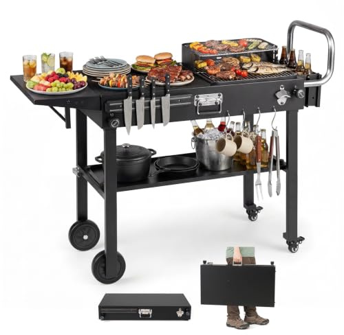 COSTWAY Desserte de Jardin sur roulettes Pliable avec Tablette Latérale | Chariot de Barbecue Extérieur Tapis Anti-gouttes Support Magnétique Crochets, pour Camping, 118 x 43 x 88 cm