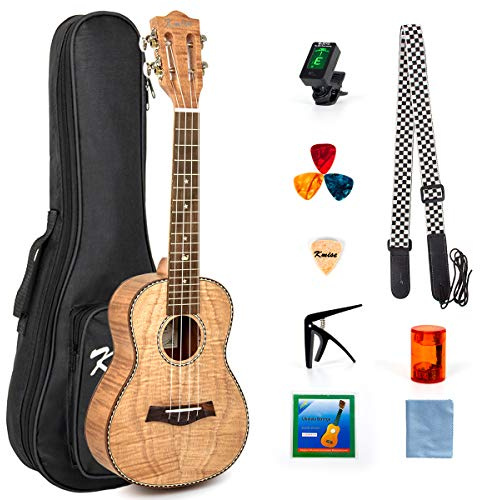 Kmise 23 Inch Concert Ukulele, Classical Headstock Hard Lightweight Okoume Ukelele, Tiger Flame Ukulele for Adult Beginners, Kids with Uke Gig Bag, Tuner, Strap, Replacement Strings, Capo Picks, etc