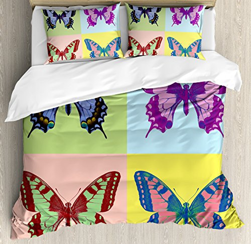 Ambesonne Butterfly Duvet Cover Set, Pop Art Swallowtail Pavilions Wild Life Transcendent Energies of Colorful Wings, Decorative 3 Piece Bedding Set with 2 Pillow Shams, Queen Size, Multicolor