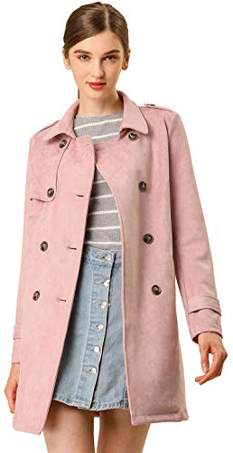 Allegra K Women's Trench Coat Double Breasted Faux Suede Winter Jacket with Belt