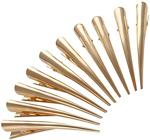 LONEEDY Entenschnabel-Haarclips mit Zinken, Alligator-Lockenclips aus Metall mit Aussparungen für Frisuren, rutschfeste Haarspangen, Haarklemmen, Haarstylingzubehör, 10 Stück, Größe L, Goldfarben