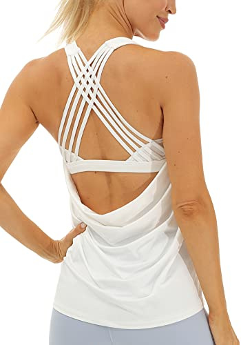 icyzone Damen Sport Tops mit Integriertem BH - 2 in 1 Yoga Gym Shirt Fitness Training Tanktop (S, Off White)