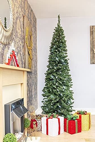 7Ft/2.1m Pre-Lit Artificial Slim Christmas Tree Green Pencil Tree, Pointed Tips, Metal Stand Cool White LEDs Lights Holiday Home Decorations