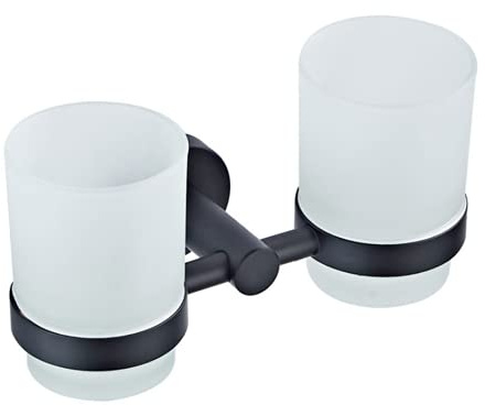 QTDZ Schwarz Wandmontage Dual Zahnbürstenhalter, Alle Messing Doppelt Becherhalter mit 2 Glasbechern Zahnputzbecher und Halter Badzubehör Badaccessoires Dekor, Matte Schwarze Finish