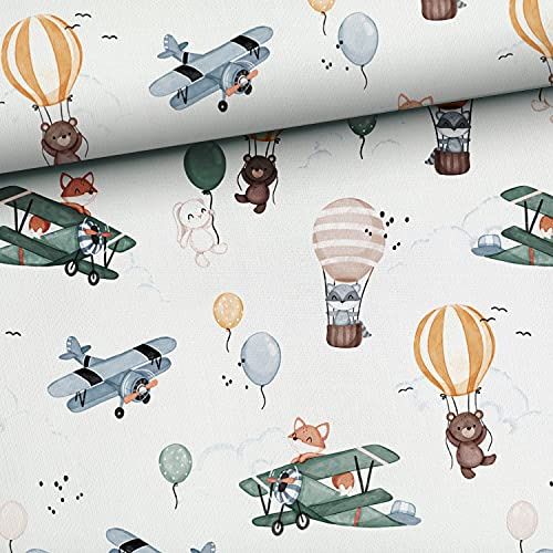 50x150cm Premium Baumwollstoff zum Nähen für Kinder mit Tiere & Flugzeuge - Stoffe zum Nähen aus 100% Baumwolle - Kinderstoffe & Babystoffe - keine Meterware - Bär Fuchs Hase fliegende Waldtiere